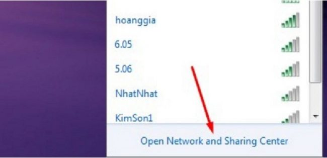 Chọn "Open Netword And Sharing Center"