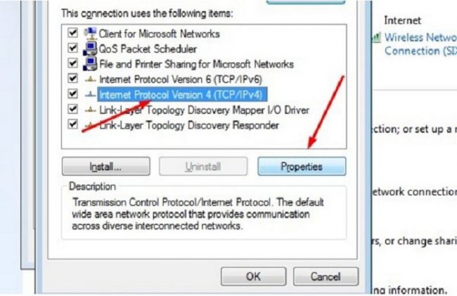 Nhấn vào dòng "Internet Protocol Verison 4 (TCP/IPv4)" nhấn "Properties"